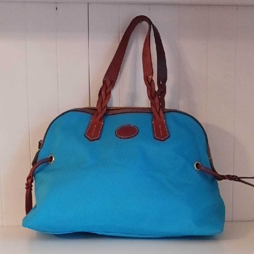 Dooney & Bourke Blue Canvas Tote W Leather Handles.